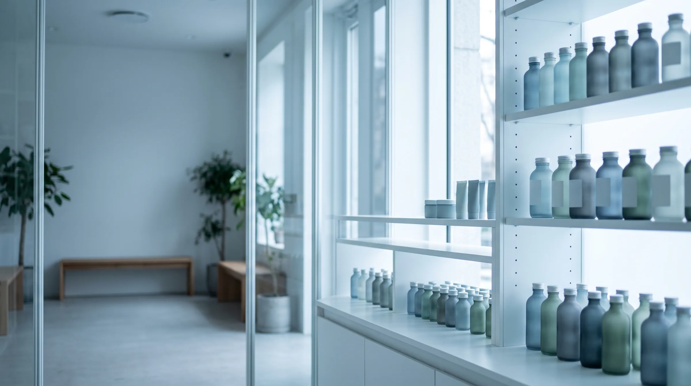 Ausgabebereich einer modernen Apotheke mit weißen Regalen