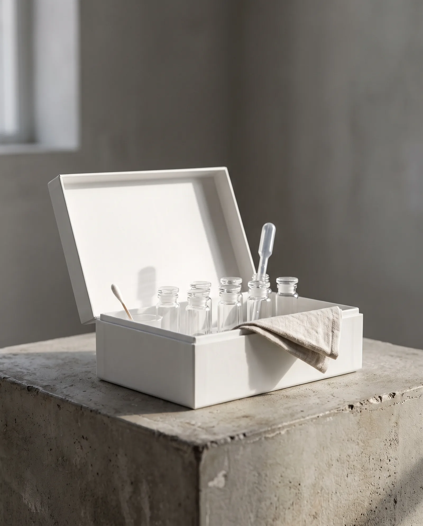 Bluttest-Set in einer weißen Box auf Beton