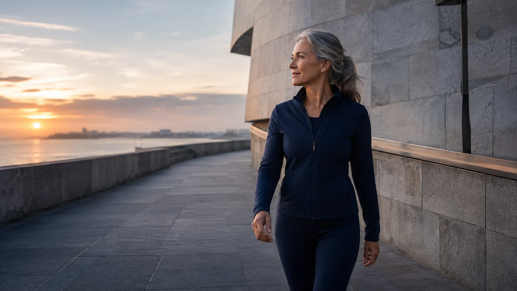 Aktive Frau um sechzig geht bei Sonnenaufgang an moderner Architektur am Wasser entlang