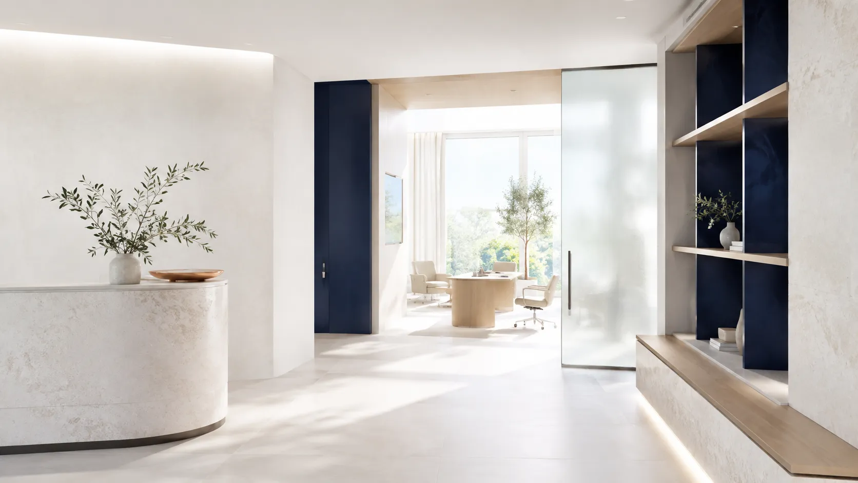 Lichtdurchfluteter Empfangsbereich einer modernen Longevity-Klinik mit hellen Naturmaterialien