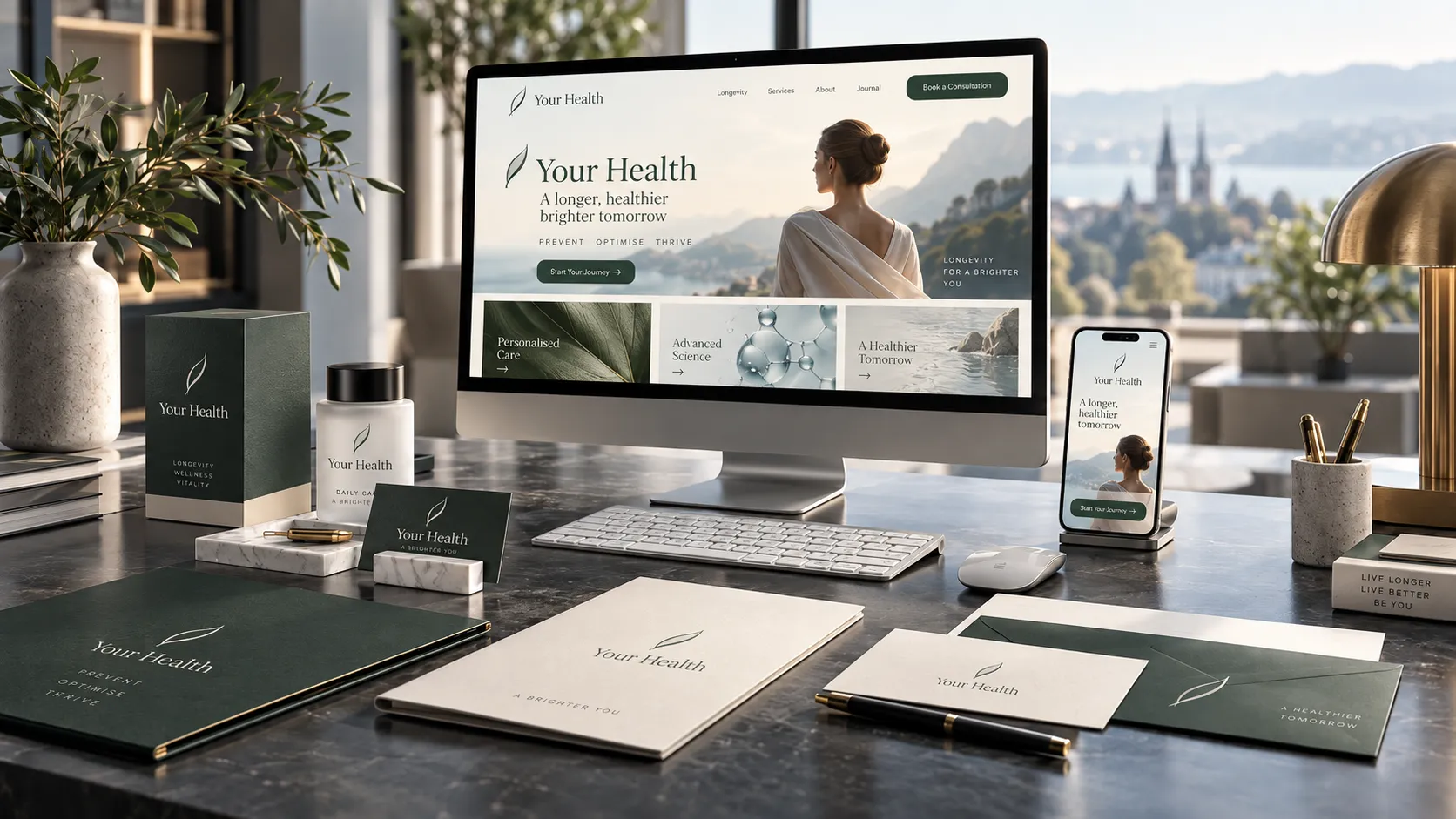Beispiel einer eigenen Longevity-Marke auf einem Schreibtisch: Website auf dem Bildschirm und dem Smartphone, dazu Verpackung, Visitenkarten und Briefpapier