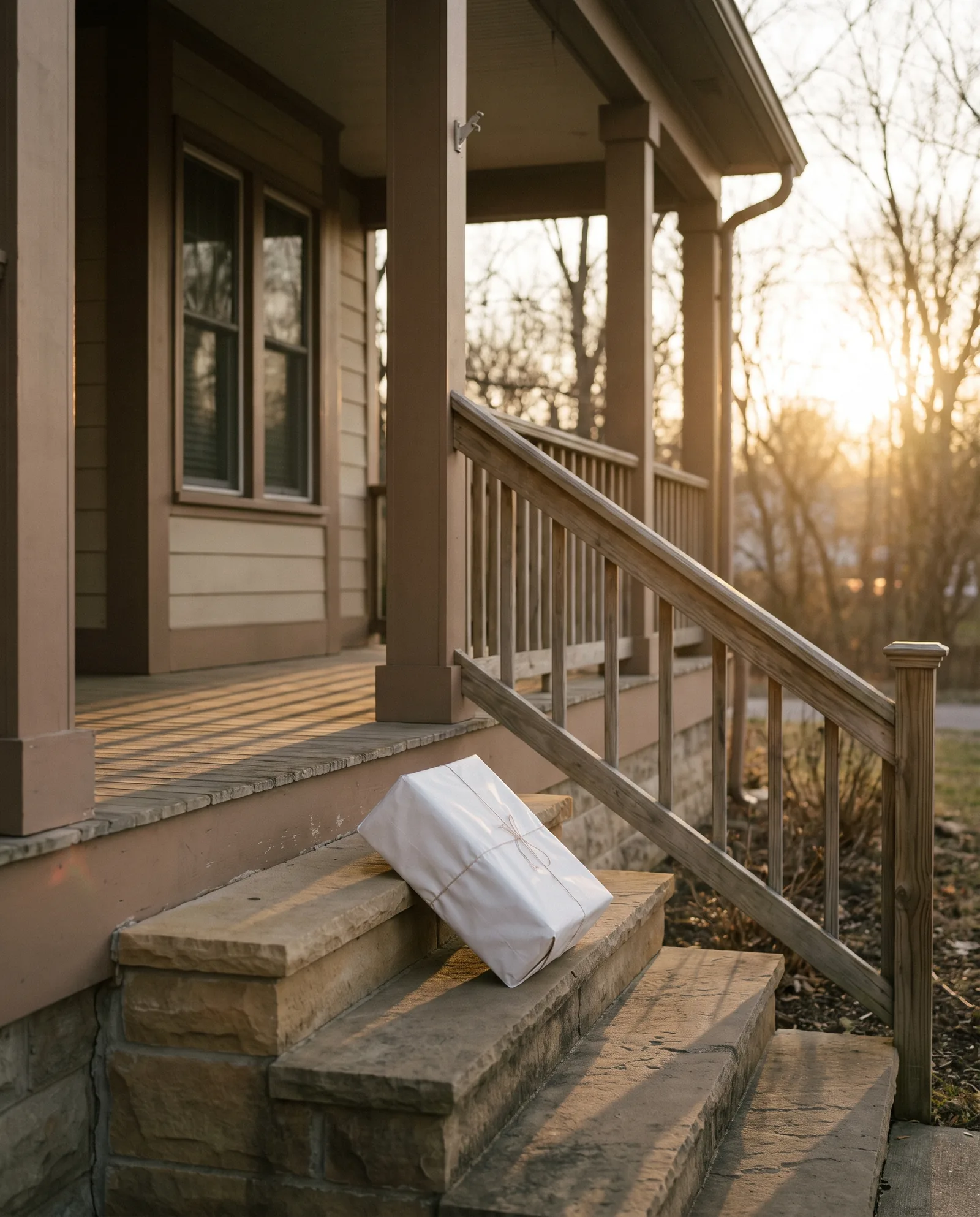 Weißes Paket auf den Sandsteinstufen eines amerikanischen Hauses im Abendlicht