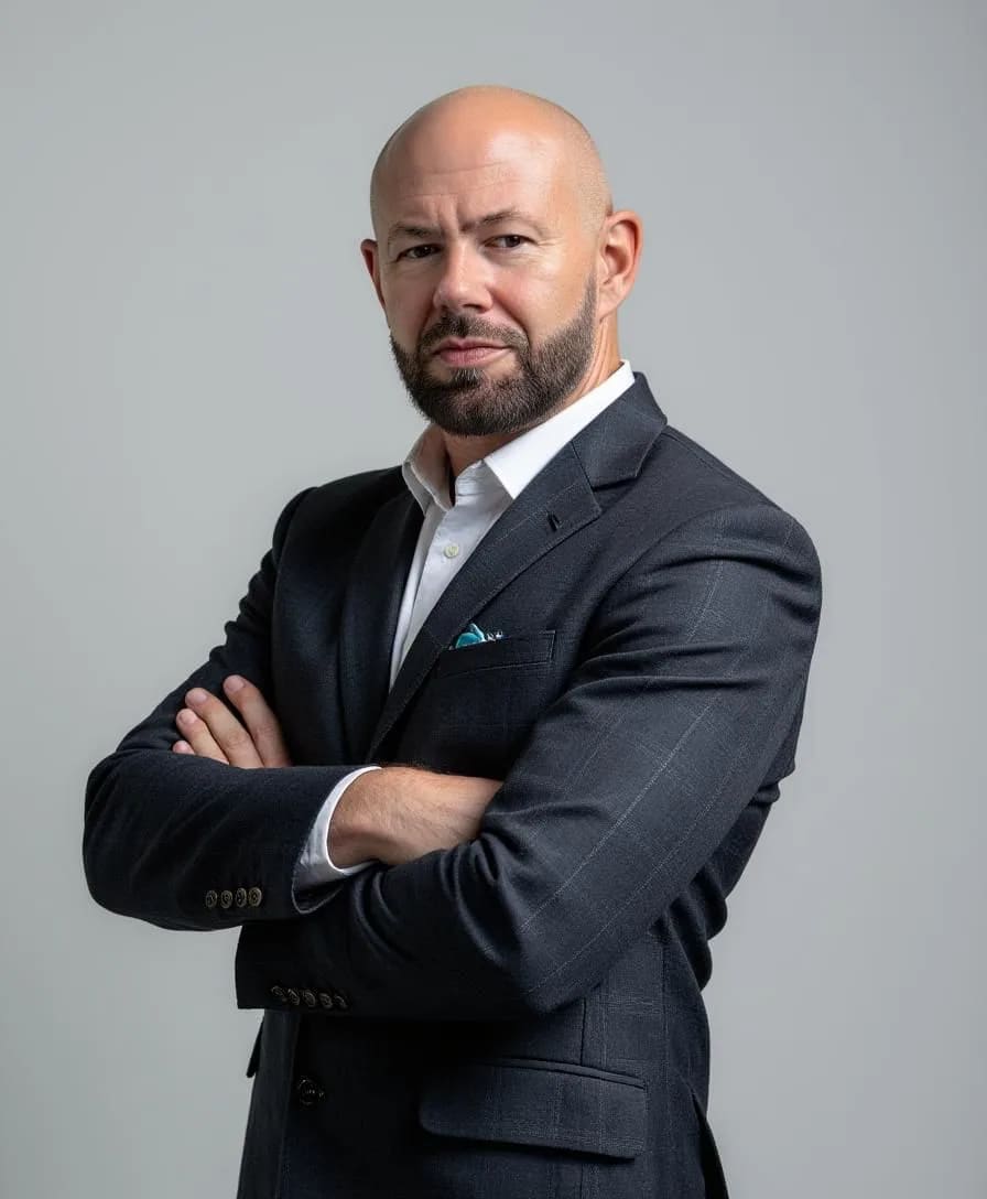 Manuel Horn, Gründer von First Stake Partners, im dunklen Anzug vor hellem Hintergrund