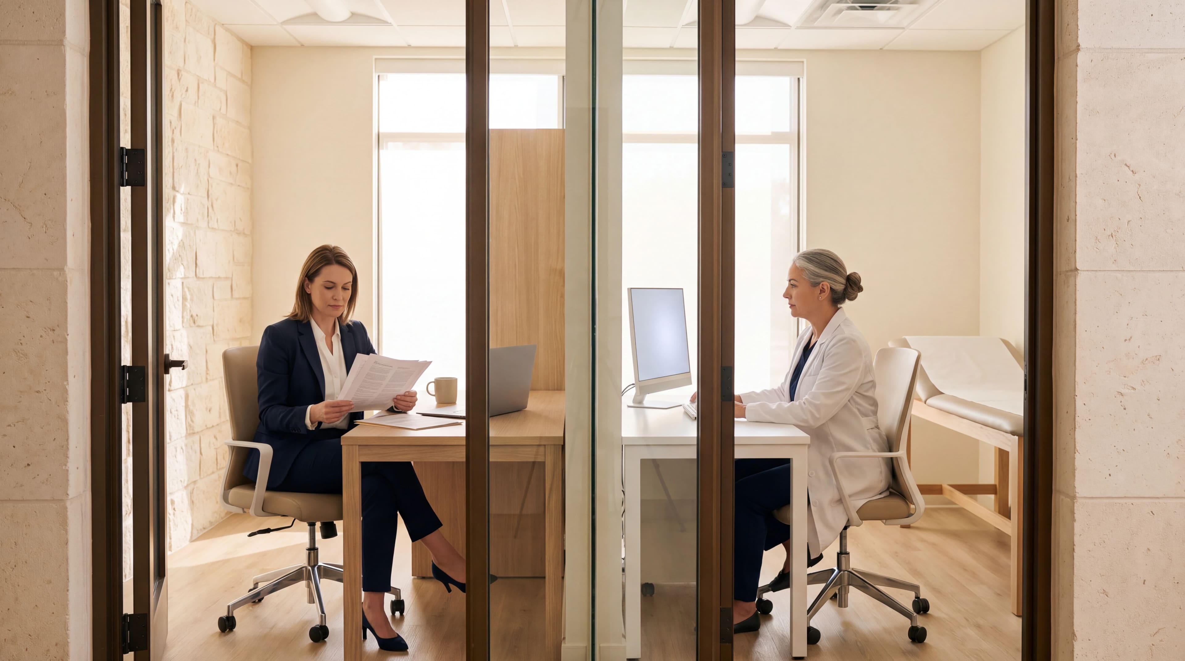 Zwei Räume hinter einer Glaswand in einer amerikanischen Klinik: links eine Unternehmerin im Büro, rechts eine Ärztin im Behandlungsraum