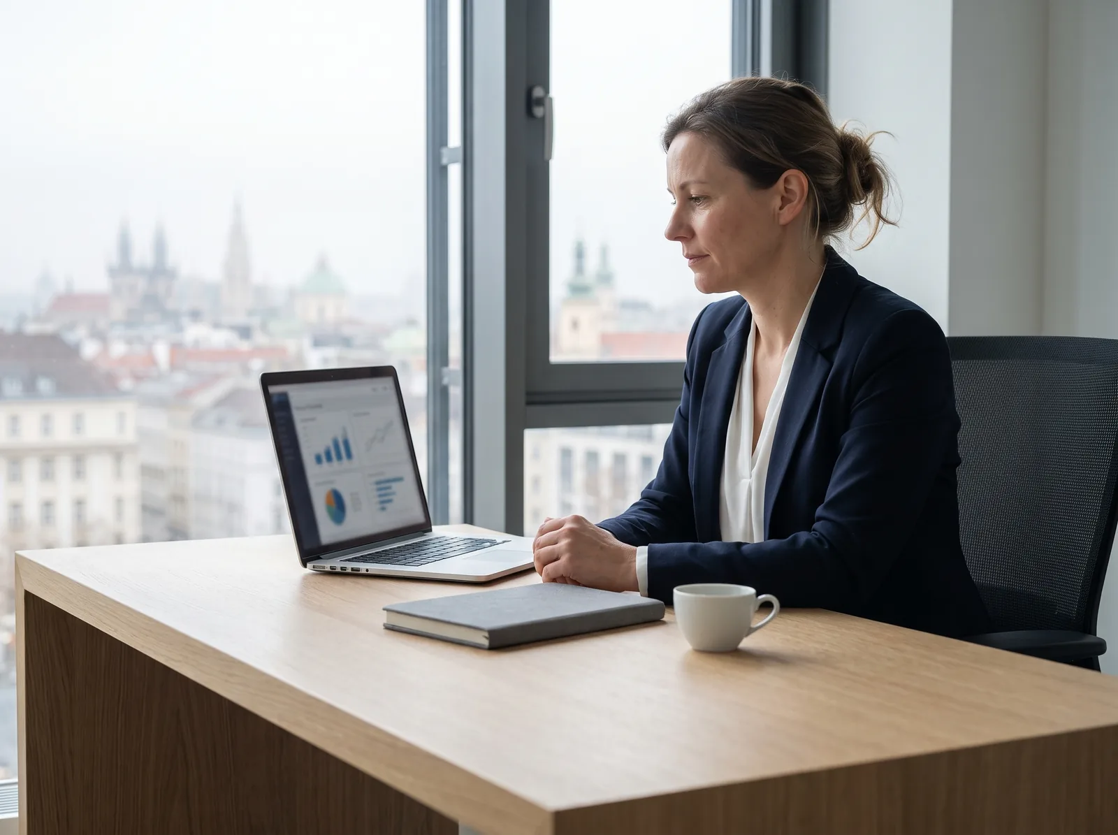 Unternehmerin im dunklen Blazer am Schreibtisch vor dem Fenster mit Blick auf eine europäische Stadt, auf dem Laptop ein Dashboard