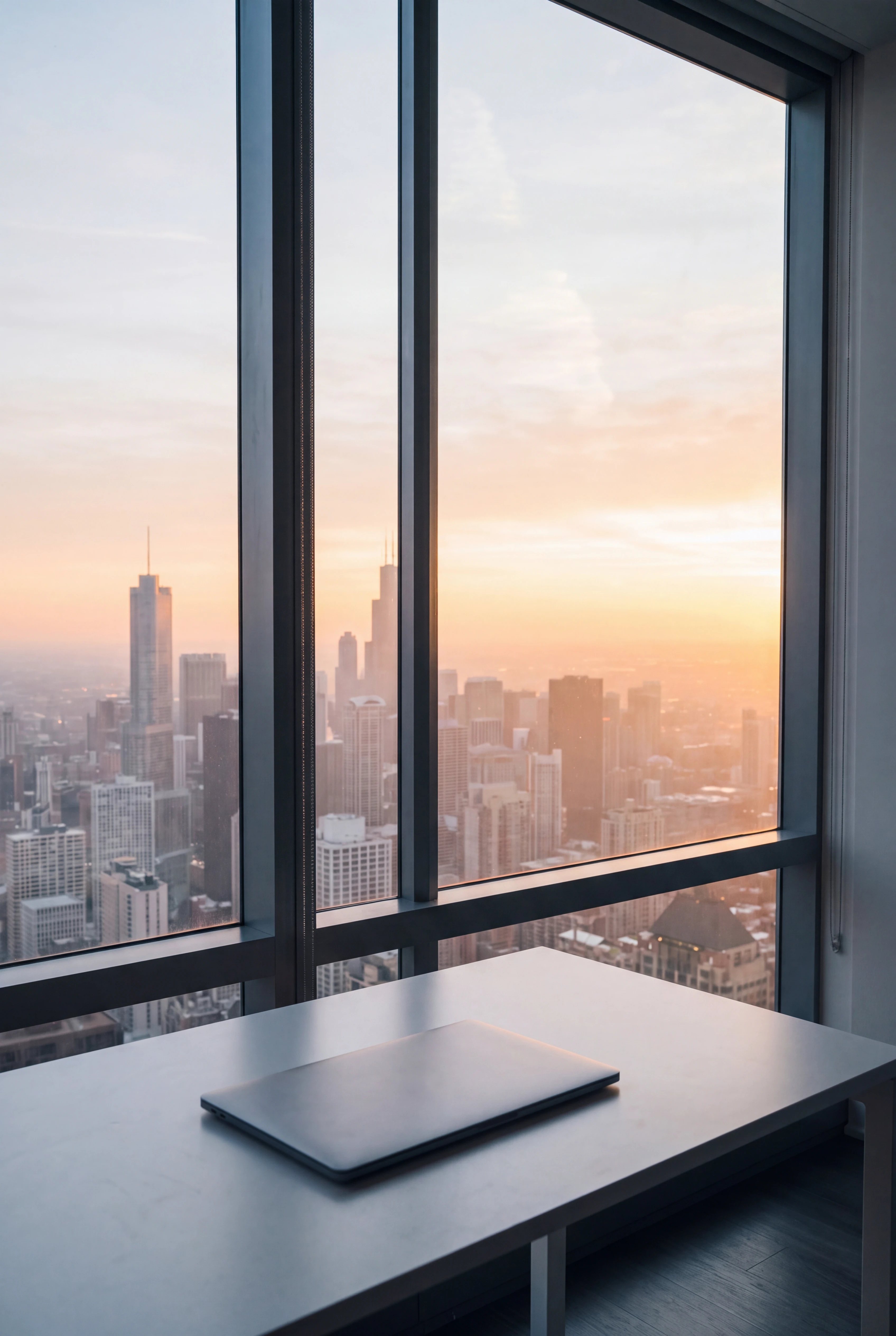 Schreibtisch mit geschlossenem Laptop vor der Skyline einer amerikanischen Stadt bei Sonnenaufgang