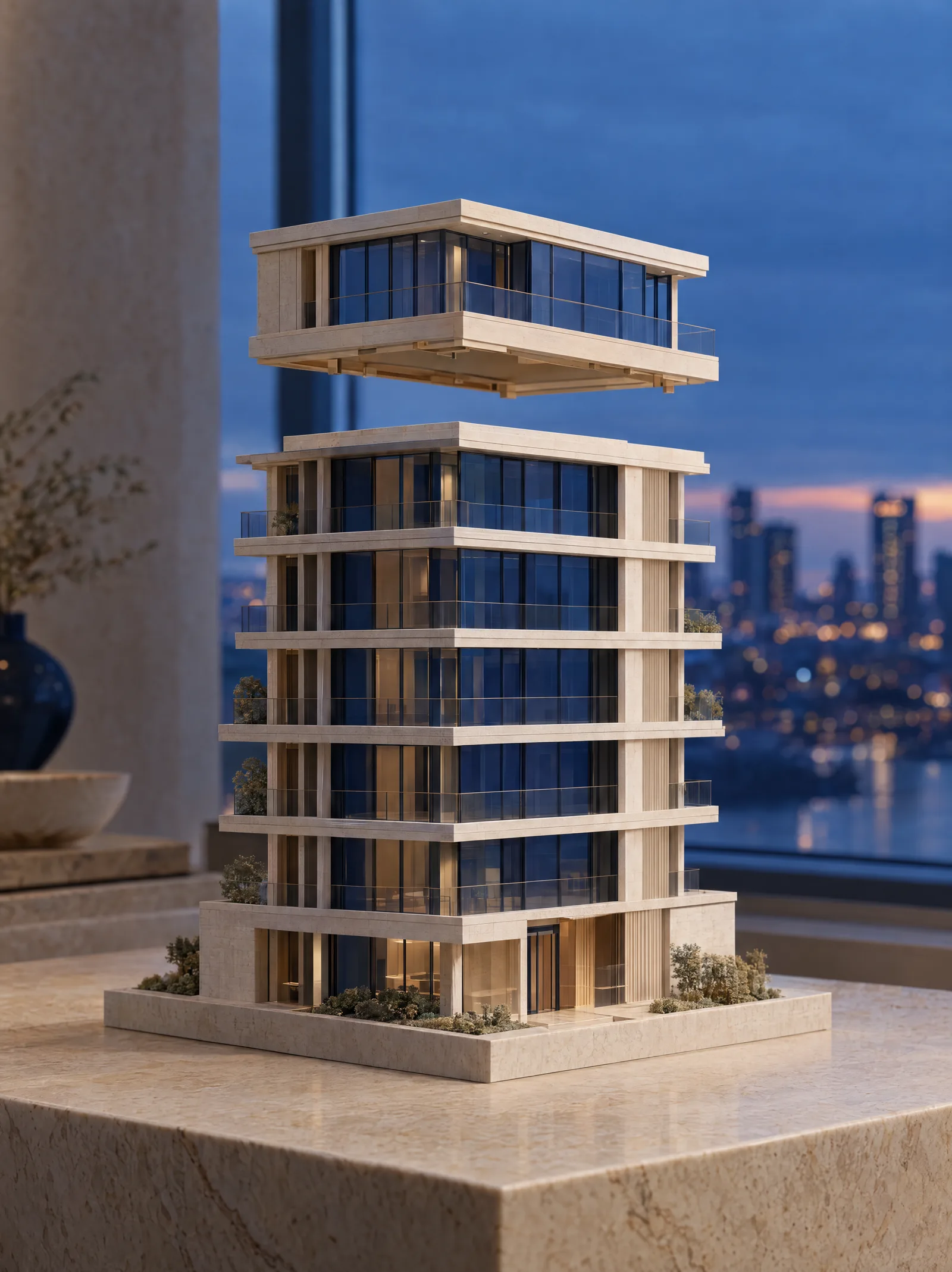 Architekturmodell eines Gebäudes, dessen oberstes Stockwerk gerade aufgesetzt wird
