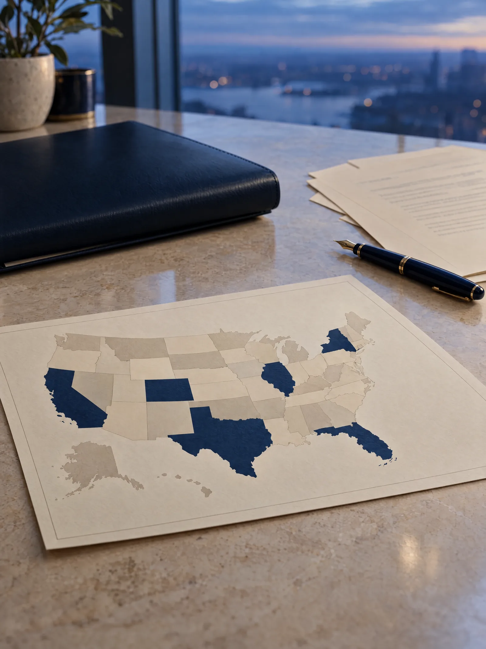 Gedruckte Karte der USA mit einzelnen markierten Bundesstaaten auf einem Steintisch