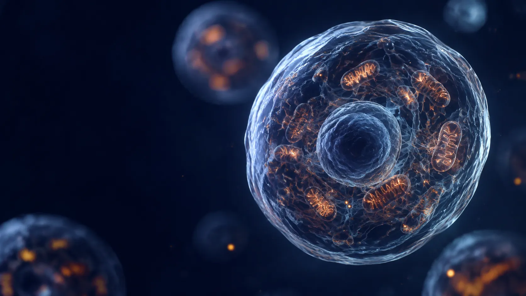 Wissenschaftliche Visualisierung einer menschlichen Zelle mit hervorgehobenen Mitochondrien