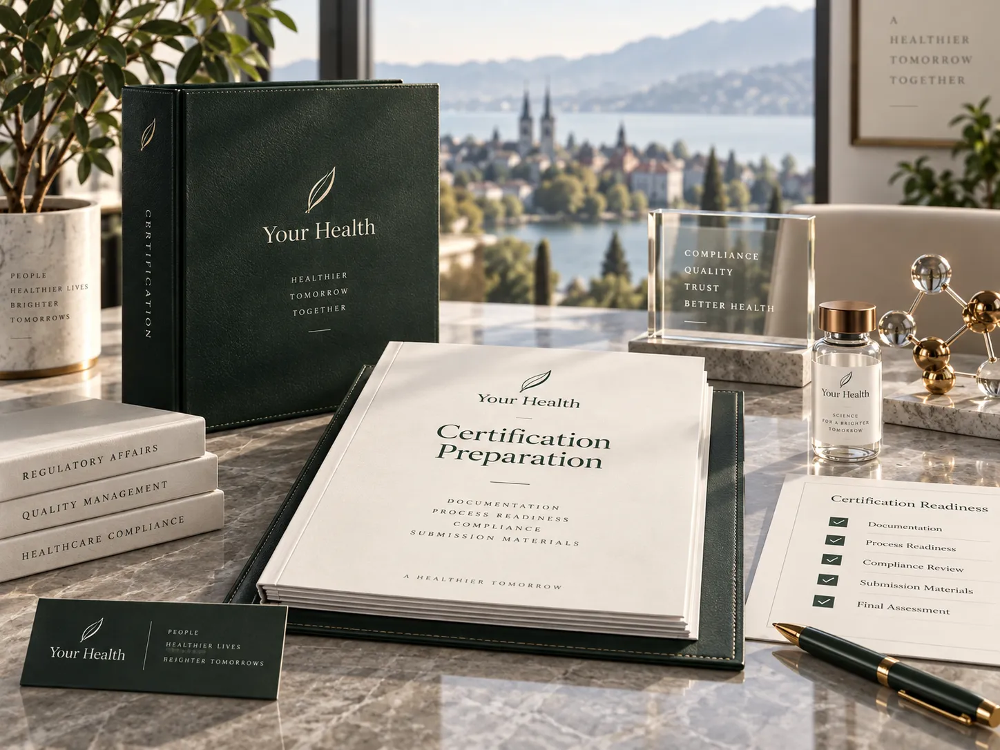Unterlagen für die Zertifizierung auf einem Schreibtisch: Ordner und Mappe in der eigenen Marke, Fachbücher zu Regulatorik, Qualitätsmanagement und Compliance sowie eine Checkliste zur Zertifizierungsreife